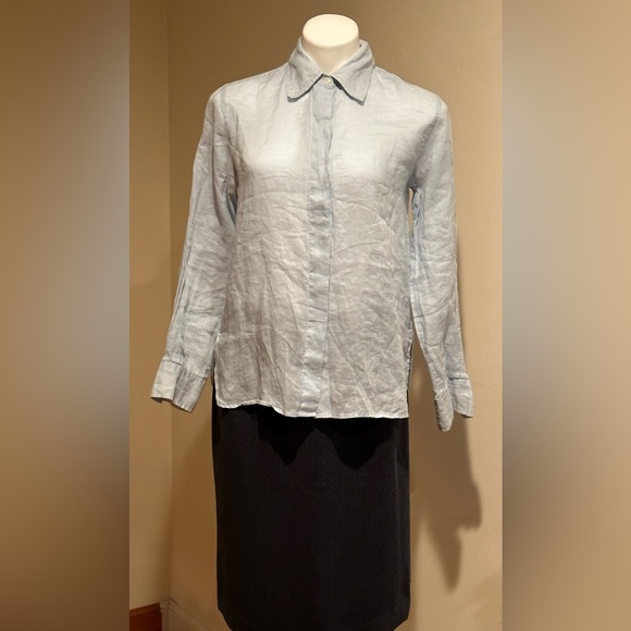 DKNY Light Blue Long Sleeves Button Collar Linen Top 100% Ramie Good Condition - Picture 2 of 9